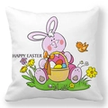 White Easter pillowcase featuring a pink rabbit holding an egg basket and Happy Easter text - Pink Bunny Basket Style (37)