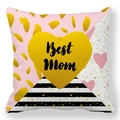 Square peach skin throw pillow featuring a yellow Best Mom heart and pink leopard print - Leopard Striped Best Mom Style
