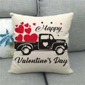Linnen Valentijnsdag kussensloop met rode harten en vintage truck op een grijze bank - Vintage Vrachtwagen Hart (2)