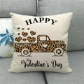 Detail of linen Valentine's Day pillow cover featuring a retro truck and leopard hearts - Leopard Heart Truck (5)