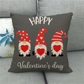 Detail of linen pillow cover with cute Valentine's gnomes and Happy Valentine's day text - Tricolor Hat Gnomes (8)