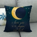 Close-up of linen cushion cover with Moon and Back text on a grey fabric sofa - Deep Blue Moon Star (11)