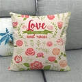 Close-up of linen blend pillow cover with red rose print and decorative Love lettering - Pastoral Red Rose Love Style (19)