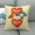 Close-up of linen pillow cover featuring hand-drawn cartoon birds and red hearts - Hand Drawn Couple Birds (14)