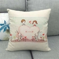 Close-up of linen pillowcase with I Love You couple illustration on a grey sofa - 18x18 Inch / Rabbit Illustration I LOVE YOU Text Style (8)