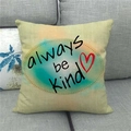 Close-up of linen pillowcase with 'always be kind' text and watercolor heart design - 18x18 Inch / Artistic Always Be Kind English Text Style (9)