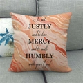 Detail of linen pillowcase featuring pink marble texture and inspirational English quote - Pink Marble Quicksand (18)
