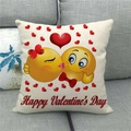 Close-up of linen pillow cover texture with kissing emoji and Happy Valentine's Day print - 18x18 Inch / Emoji Kissing Happy Valentine's Day Style (12)