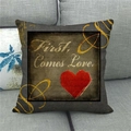 Detail of vintage linen pillow case featuring red heart and First Comes Love script - 18x18 Inch / Dark Gray Vintage Red Heart First Comes Love Style (17)