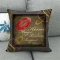 Close-up of linen pillow cover with red lips and golden artistic text on a sofa - 18x18 Inch / Dark Gray Red Lips Hugs Kisses Kindness Style (18)