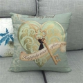 Detailed close-up of linen pillowcase with heart emblem, vintage key and romantic quote - 18x18 Inch / Vintage Key and Happily Ever After Style (19)