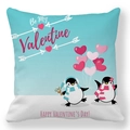 Blue and white peach skin pillowcase with cute penguins and Valentine's Day greeting - Penguin Couple Be My Valentine Style
