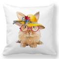 Housse de coussin de Pâques avec motif lapin à lunettes et nœud bleu sur fond blanc - Lapin Espiègle avec Chapeau de Paille et Lunettes de Soleil (38)