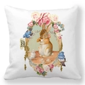 Housse de coussin lapin de Pâques avec illustration vintage et roses sur tissu blanc - Lapin Vintage buvant du Thé (27)