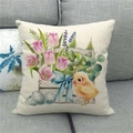 Easter linen pillowcase with colorful tulips, eggs and chick print on grey sofa - 45x45cm / Flower Box Bird Egg Ribbon Style (9)