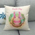 Detail showing Easter bunny eggs and Happy Easter typography on linen cushion cover - 45x45cm / Happy Easter Day Egg Nest Style (11)