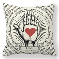 Peach skin square pillow case with red heart and LOVE banner design on beige fabric - Hand Heart LOVE Banner Style