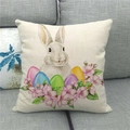 Close-up of Easter linen pillowcase featuring rabbit, colorful eggs and cherry blossoms - 45x45cm / Realistic White Bunny Egg Cherry Blossom Style (16)