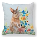Housse de coussin Pâques en peau de pêche avec lapin brun et fleurs aquarelles - Lapin Brun Entouré de Fleurs (34)