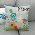 Detail of linen Easter pillow cover with bunny and colorful floral pattern on blue - Pale Blue Bunny with Red Flowers