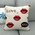 Detail of linen pillowcase with red lips and Love Kiss text on a gray sofa cushion - Red Lips Kiss And Love Combination Style (12)