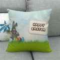 Sky blue linen Happy Easter cushion cover featuring a gray bunny and colorful eggs - 45x45cm / Sky Blue Cartoon Bunny Style (20)