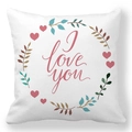 Detail showing the I love you script and floral heart wreath on a linen pillowcase - Wreath Text (2) / 45x45cm