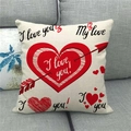 Close-up of linen pillowcase with red hearts, Cupid arrows and I love you text detail - Beige Background Red Heart Love Words Style (13)