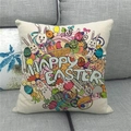 Detail of the high-quality linen texture and colorful Happy Easter rabbit print on pillowcase - Off-white Hand-painted Bunny and Flower Basket