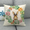 Detail view of linen fabric texture with a rabbit and succulent plants floral pattern - Beige Brown Rabbit with Succulent Wreath