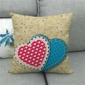 Close-up of linen Valentine's Day pillowcase with LOVE print and lace heart appliques - Full Print LOVE Cupid Applique Style (17)