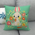 Detail of mint green linen pillowcase featuring Easter bunny and egg illustrations - Mint Green Hand-drawn Illustration