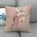 Detailed texture of linen cushion cover featuring hand-painted girl with bunny ears - Pink Hair Bunny Girl Illustration