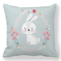 Detailed view of soft peach skin pillowcase with floral wreath and cute bunny illustration - 18x18 Inch / Light Blue Background White Bunny Wreath (8)