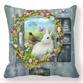 Detailed view of Easter rabbit and bird print on peach skin throw pillow case - 18x18 Inch / White Rabbit and Robin Wreath Scene (9)
