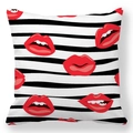 Detail view of square pillowcase with black and white stripes and red lip prints - Red Lips Stripe Style (3)