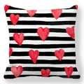 Square pillowcase featuring black and white horizontal stripes with red watercolor hearts - Equal Stripe Hand-painted Heart Style (4)