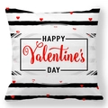 Detail of square pillowcase with black stripes and Happy Valentine's Day red heart text - Black Frame Holiday Stripe Style (6)