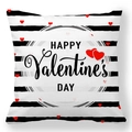 Close-up of peach skin pillowcase with black stripes and red hearts for Valentine's Day - Art Font Holiday Stripe Style (9)