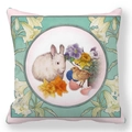 Detail of Easter pillowcase showing a white bunny, yellow chick, and floral egg pattern - 18x18 Inch / Mint Green Realistic Rabbit Chick and Eggs (18)
