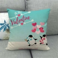 Linen Valentine's Day pillow cover with blue penguins and Be My Valentine print - Cyan Base Penguin Be My Valentine Style (20)