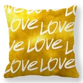 Detail of square yellow peach skin pillowcase with repeating white Love script pattern - Yellow Base White Love Style (18)