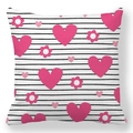 Detail of square pillowcase featuring pink heart and floral prints on black striped background - Sweet Floral Stripe Style (17)
