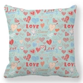Detail of teal Valentine pillowcase with Cupid prints, hearts and romantic text patterns - Light Blue Green Romantic LOVE Theme Style (20)
