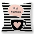 Detail of peach skin pillowcase featuring black stripes and You Are My Cup of Tea print - Cup of Tea Stripe Style (20)