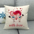 Dettaglio copricuscino in lino con stampa a cuore rosso e uccellini che si baciano - Stile Uccellini che si Baciano Cuore Enorme