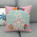 Close-up of Happy Easter linen pillowcase with pink polka dots and cute bunny design - 18x18 Inch / Pink Polka Dot Three Little Rabbits Style (3)