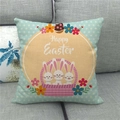 Detail of Happy Easter pillowcase with bunny print on linen fabric texture and blue dots - 18x18 Inch / Light Blue Polka Dot Three Rabbits with Basket Style (4)