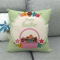 Close-up of Happy Easter linen pillowcase with hand-painted eggs and floral basket - 18x18 Inch / Green Polka Dot Hand-painted Flower Egg Style (5)