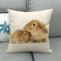 Detail eines Leinenkissenbezugs mit Hasen-Print auf grauem Sofa für die Osterdekoration - Realistischer brauner Hase mit Jungtier (17) / 45x45cm